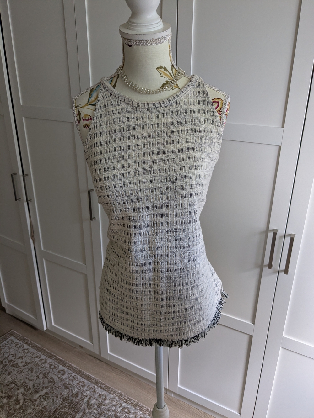 le chateau Cream and Black Tweed Fringe Tank Top
